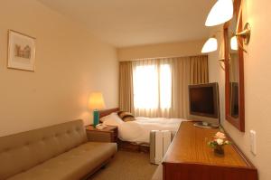 a hotel room with a couch and a television at Grand Plaza Nakatsu Hotel in Nakatsu +11 photos