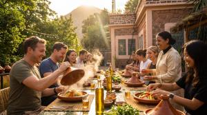 a group of people sitting around a table eating food at villa lalla Ourika & heated pool in Aghbalou