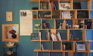 a book shelf filled with books on a blue wall at Gnishik Eco Lodge in Gnishik