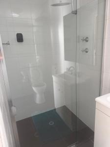 a white bathroom with a shower and a toilet at Shaun place in Old Reynella