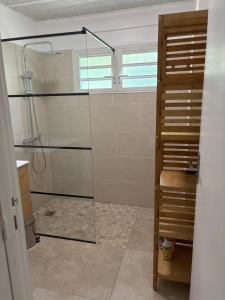 a bathroom with a shower with a glass door at La Cayenne in Salazie +9 photos
