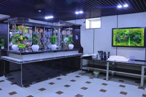 a room with a display case with vases and plants at Maximum Hotel in Navoi