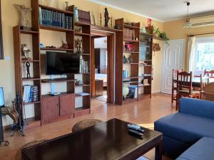 a living room with a tv and book shelves at La casa del pintor in Breña Alta