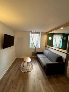 a living room with a couch and a table at Le coeur du Velay 2 personnes in Le Puy-en-Velay