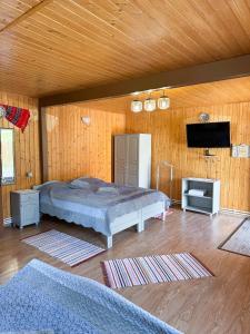 a bedroom with a bed and a flat screen tv at Vila Adela in Lacu Rosu