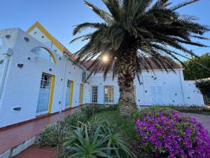 a palm tree in front of a building with flowers at Villa Cedros in Santa Cruz das Flores