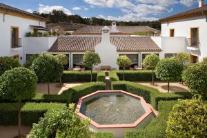 Luftaufnahme eines Gartens mit einem Springbrunnen in der Unterkunft AZZ Castellar Hacienda El Alcornocal in Castellar de la Frontera