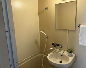 a bathroom with a sink and a shower with a mirror at RHK Guest House102 in Tokyo
