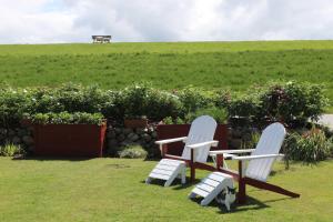two white chairs and a bench in the grass at Holthus in Kollmar