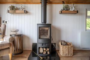 a black stove in a living room with a couch at Tesseyman Lodge in Bubwith