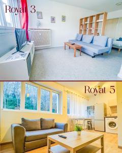 a living room with a couch and a table at 2 appartements modernes à Royat in Royat