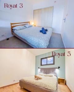 two pictures of a bedroom with a bed in a room at 2 appartements modernes à Royat in Royat