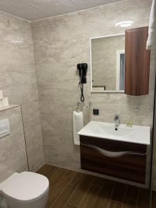a bathroom with a sink and a toilet and a mirror at Allgäu Residenz & Spa in Wiggensbach