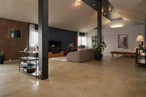 a large living room with a couch and a tv at Wohnkultur - Industrial Loft Schwetzingen in Schwetzingen