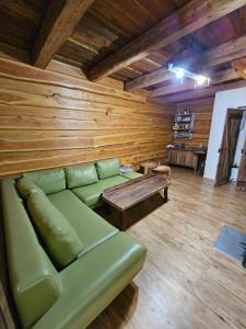 a living room with a green couch and a wooden wall at Chata Horáreň in Smižany