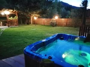 a hot tub in a yard at night at Casa DelCris in Pojorâta