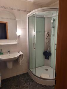 a bathroom with a glass shower and a sink at Pension Fuchsbau in Münchberg