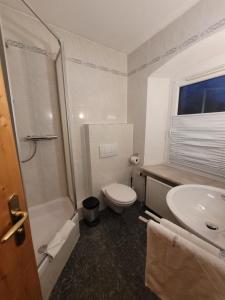 a bathroom with a white toilet and a sink at Pension Fuchsbau in Münchberg +1 photo