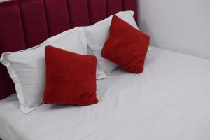 two red pillows sitting on top of a bed at Hotel Dhanmondi Prime in Dhaka