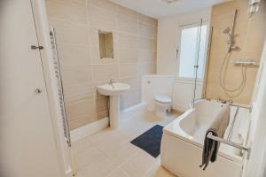 a bathroom with a shower and a toilet and a sink at The Pelham Penthouse in Hastings