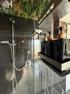 a bathroom with a shower and a toaster oven at Villa Montepaone in Montepaone Lido