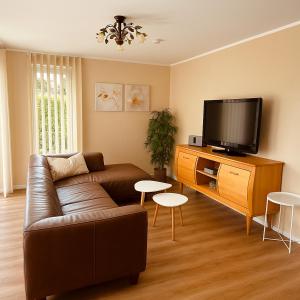 a living room with a brown couch and a television at Ferienwohnung Abbey in Müllensiefen