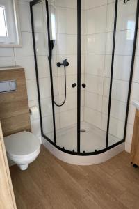 a bathroom with a glass shower with a toilet at PoProstuDomki in Niechorze
