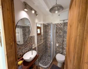 a bathroom with a shower and a toilet and a sink at IL COLLE Holiday Home - FIUGGI - Charming independent home in the historic center, near the Thermal Baths & Wellness Retreats in Fiuggi