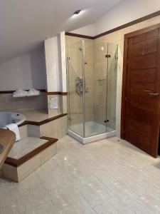 a bathroom with a shower and a sink at Hotel Vado del Duratón in Sepúlveda +29 photos