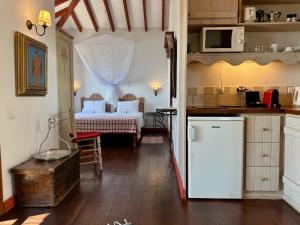 a kitchen with a room with a bed and a refrigerator at Villa Athena Skiathos in Megali Ammos