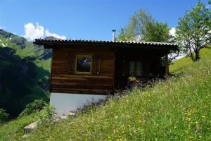 a small cabin on a hill with a person standing next to it at Chalet Valuga in Kaisers +2 photos