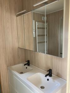 a bathroom with a white sink and a mirror at Maison 3 pièces, climatisé, calme, "Le chalet" in Carlux +11 photos