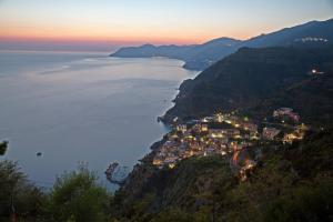 a view of a town on a hill next to the ocean at Beautiful view apartment Riomaggiore, Cinque Terre in Riomaggiore