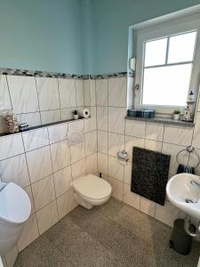 a bathroom with a toilet and a sink at Brückelsee-Chalet in Wackersdorf
