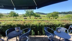 two tables and chairs with cows in the field at Bed & Breakfast Hotel Het Gerendal in Valkenburg