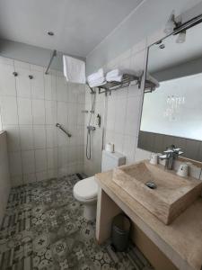 a bathroom with a sink and a toilet in it at Hôtel du Palais des Papes in Avignon +23 photos