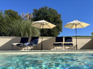 three chairs and umbrellas next to a swimming pool at LE petit CHABO in Saint-Maigrin