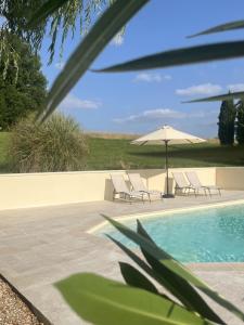a swimming pool with chairs and an umbrella and a pool at LE petit CHABO in Saint-Maigrin
