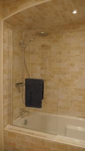 a bathroom with a shower and a bath tub with a towel at LE petit CHABO in Saint-Maigrin +16 photos