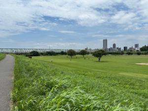 a field of green grass with a city in the background at Matsudo in Matsudo
