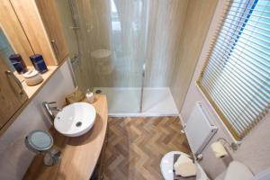 a small bathroom with a sink and a shower at Lyndale Lodge in Pulrossie