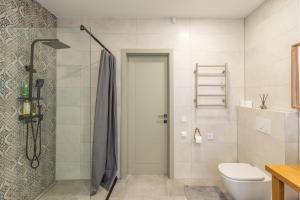 a bathroom with a shower and a toilet at Villa Asta in Rusnė +92 photos