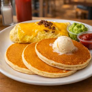 a plate with two pancakes and an egg with an ice cream at Scarlett Near Cane River Falls in Bull Bay