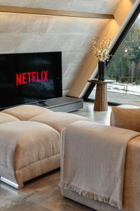 ein Wohnzimmer mit zwei Betten und einem Fernseher in der Unterkunft Sunset A Frames in Bălceşti