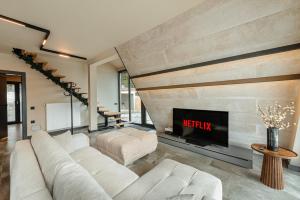 ein Wohnzimmer mit Sofa und Kamin in der Unterkunft Sunset A Frames in Bălceşti