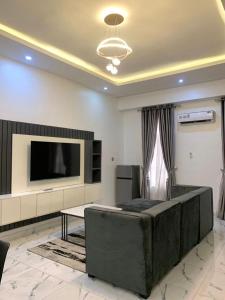 a living room with a couch and a tv at Chris One Bedroom Apartment in Owerri