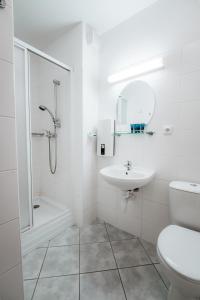 a white bathroom with a shower and a sink at Little Mountain Apartment in Ostružná