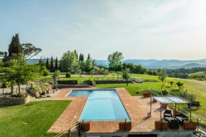 an overhead view of a swimming pool in a grassy field at "Villa Bizzi" in Monte Castelli
