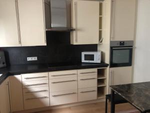 a kitchen with white cabinets and a black counter top at Blick ins Grüne in Idar-Oberstein