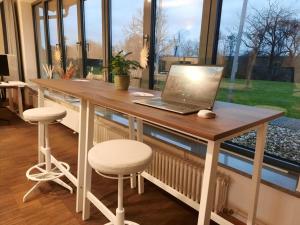 a laptop computer sitting on a wooden table in a room at Apartment An der Weinstraße in Oberotterbach